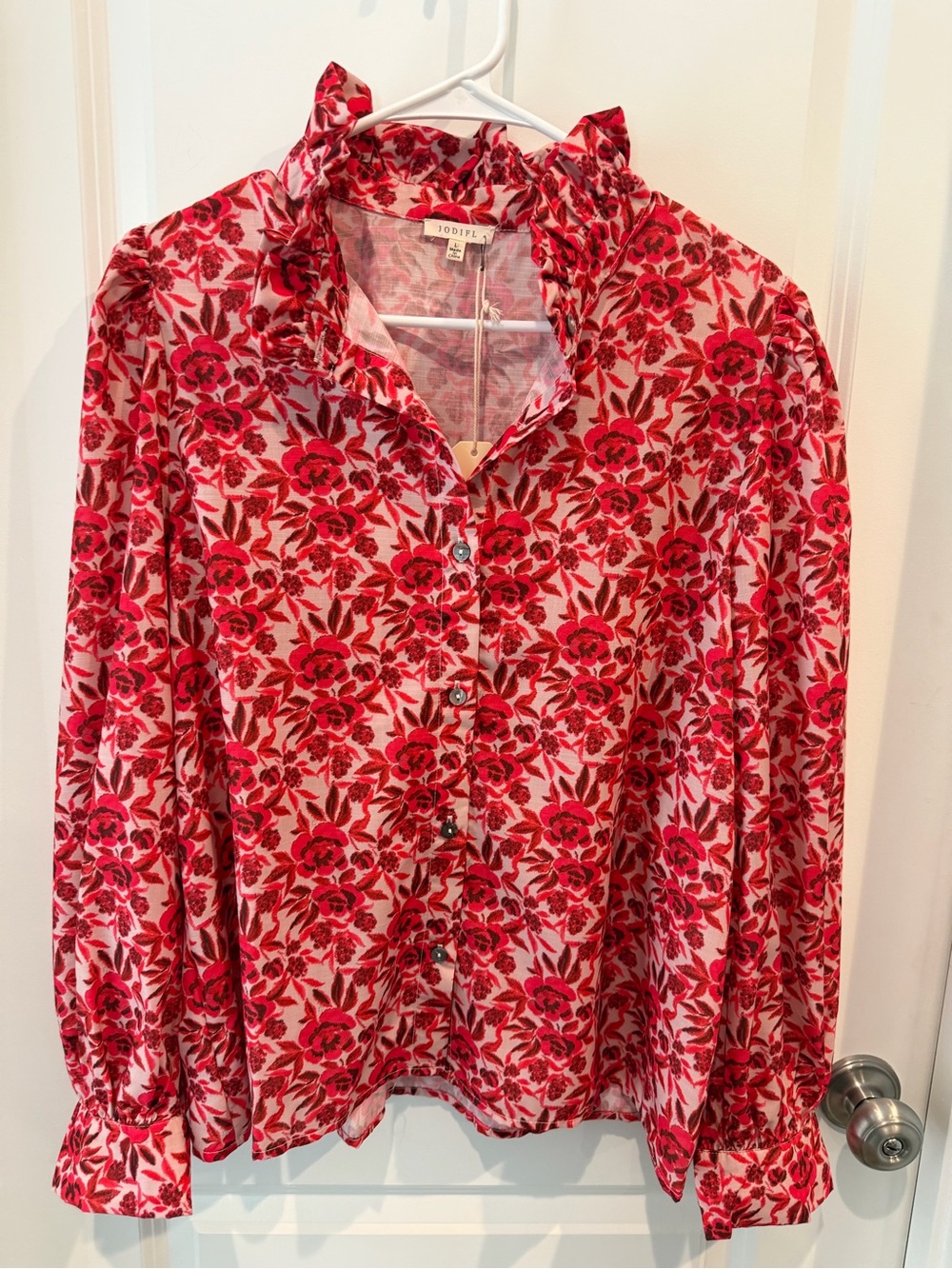 JODIFL Floral Button-Down Ruffle Collar Blouse Size Large